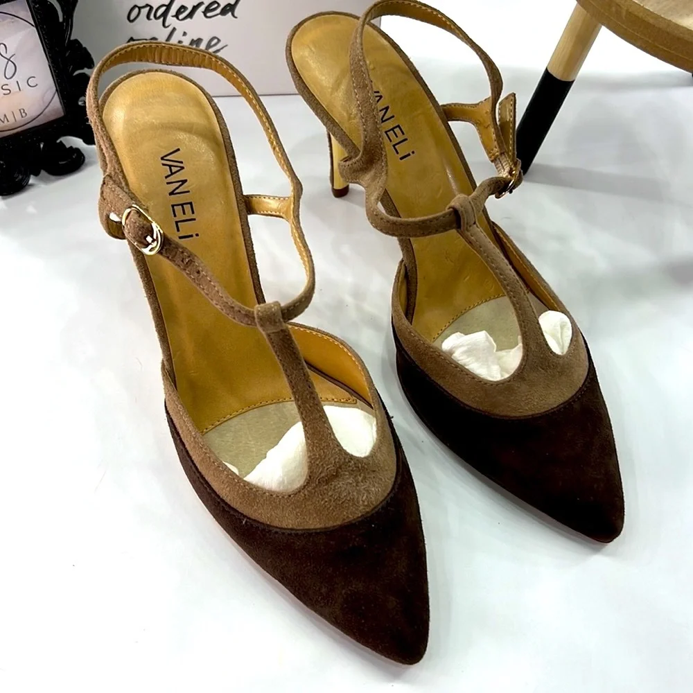 Van Eli Brown and Tan T-Strap Color-Block Suede High Heels, Size 8
